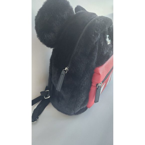 Mickey Mouse Disney Black Furry Backpack Red Front Pocket Ears & Luggage Tags - Picture 8 of 15